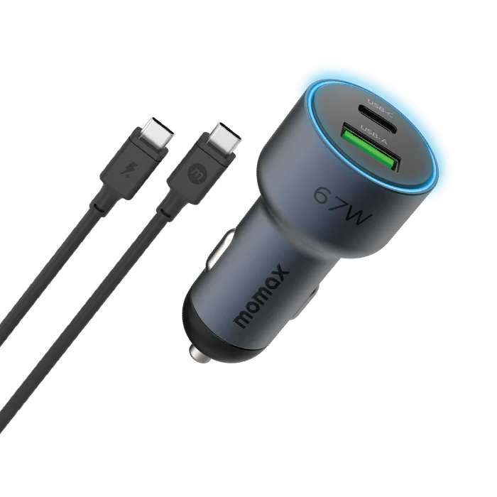 Momax MoVe 67 W Dual-Port Car Charger With USB-C To USB-C (1 M) - Space Grey Momax MoVe 67 W Dual-Port Car Charger With USB-C To USB-C (1 M) - Space Grey